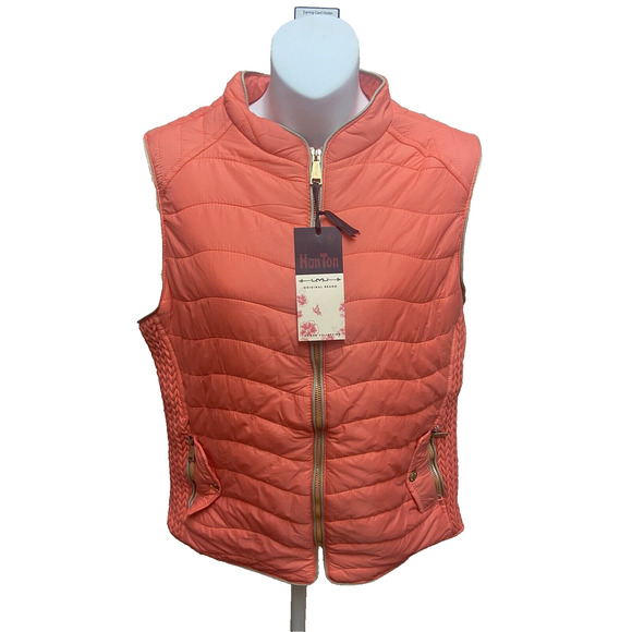 Han Ton Vest Womens Size Large Orange Hiking Puffer Sleeveless New Full Zip - Picture 1 of 12